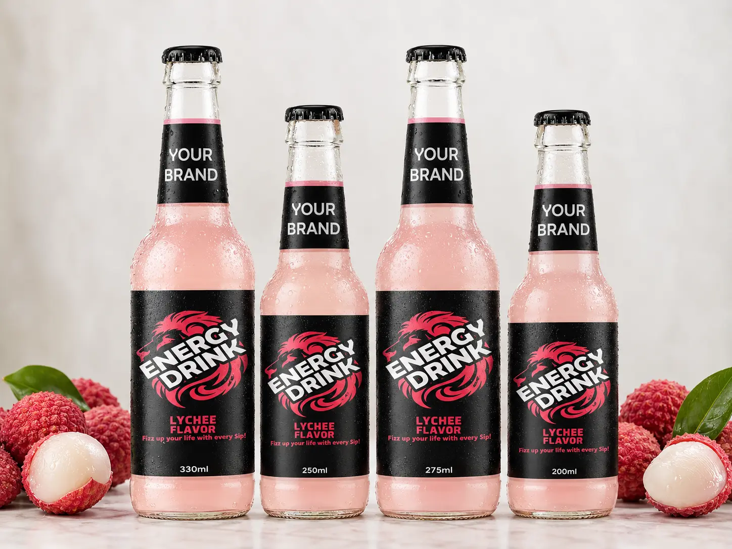 ENERGY DRINK Lychee Flavor 330ml, 250ml, 275ml and 200ml glass bottles